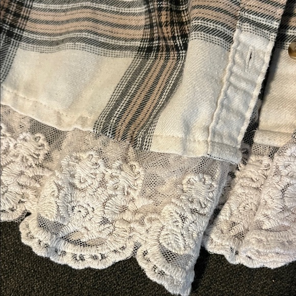 Plaid Button-Up Shirt with Lace Hem - Picture 2 of 5